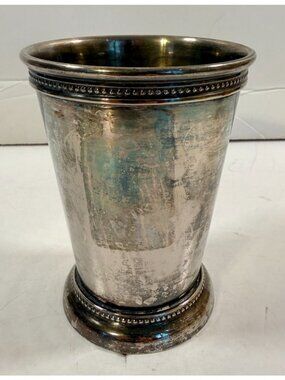 Vintage Silver-Plated Beaded Edge Mint Julep Cup 4" Tall Tarnished Finish READ